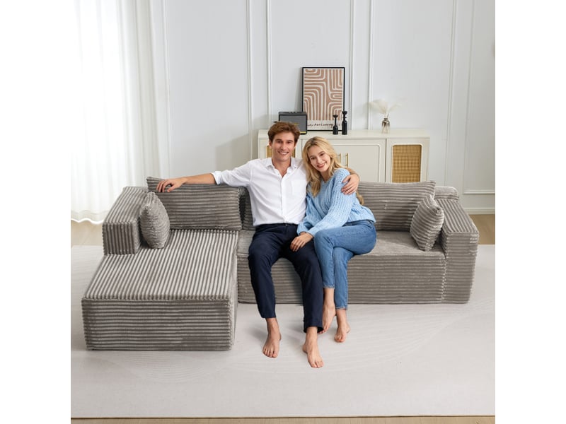  Canapé d’angle modulaire avec méridienne, canapé modulable 2 places, tissu velours côtelé gris  - Conforama W