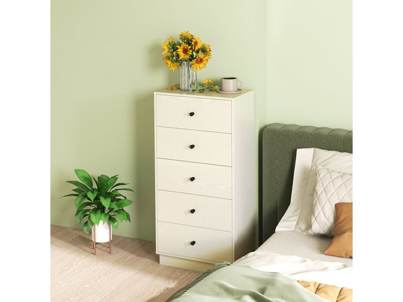  Commode étroite et haute à 5 tiroirs, table d'appoint pour chambre ou entrée avec poignées rondes, 47 x 29 x 95 cm, beige  - Conforama D