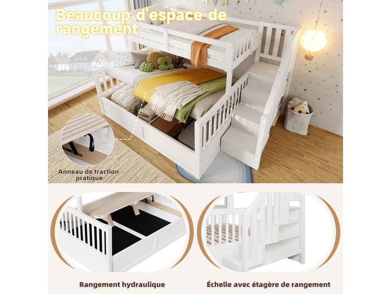  Lit superposé 90x200 + 140x200 cm, escalier rangement, coffre hydraulique, pin, blanc et bois naturel sans matelas  - Conforama E