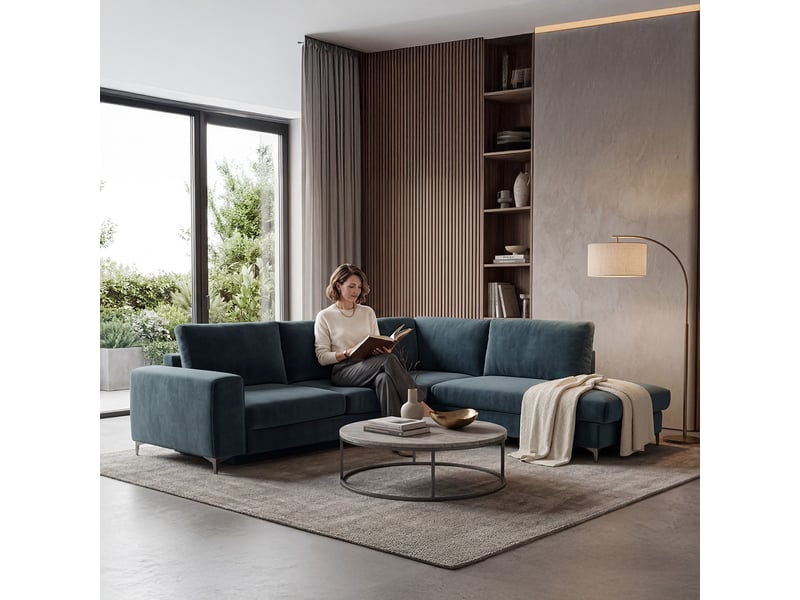  Canapé angle droit fiesole en velours bleu pétrole - 4 places 3CA52.PI.4AC.D.24 - Conforama C
