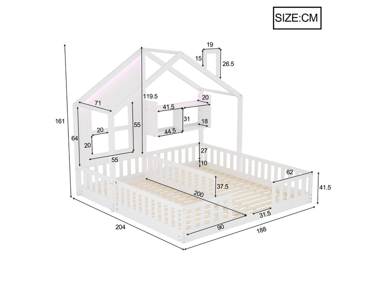  Lit enfant double maison 90x200 cm, rangement, barrières de sécurité, bois, coloris blanc, éclairage led, design moderne, sans matelas  - Conforama C
