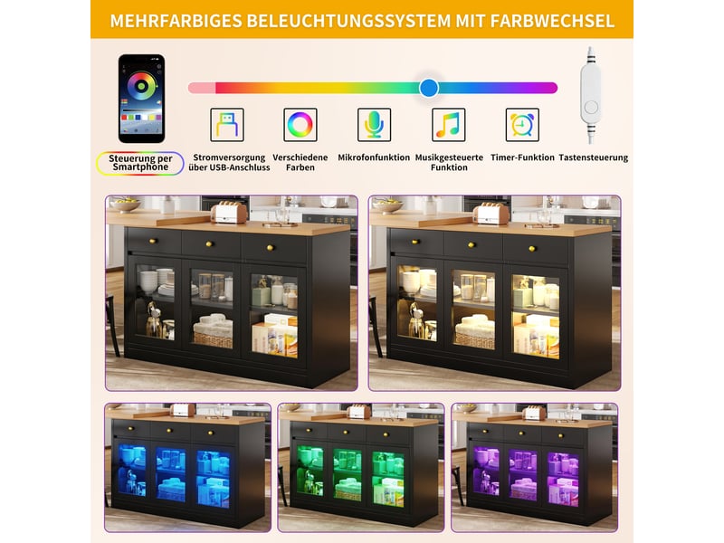  Îlot de cuisine noir extensible 120–200cm avec led, 3 tiroirs, portes vitrées et contrôle par appli  - Conforama E