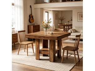 Table de salle à manger carrée pour 2 personnes avec étagère basse, style rustique industriel, en bois et mdf, marron