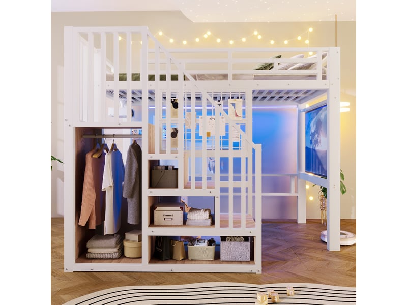  Lit mezzanine 90x200 cm avec led, escalier de rangement, panneau grillagé, support projecteur et sommier, gain de place en métal, blanc Sol Morn - Conforama D