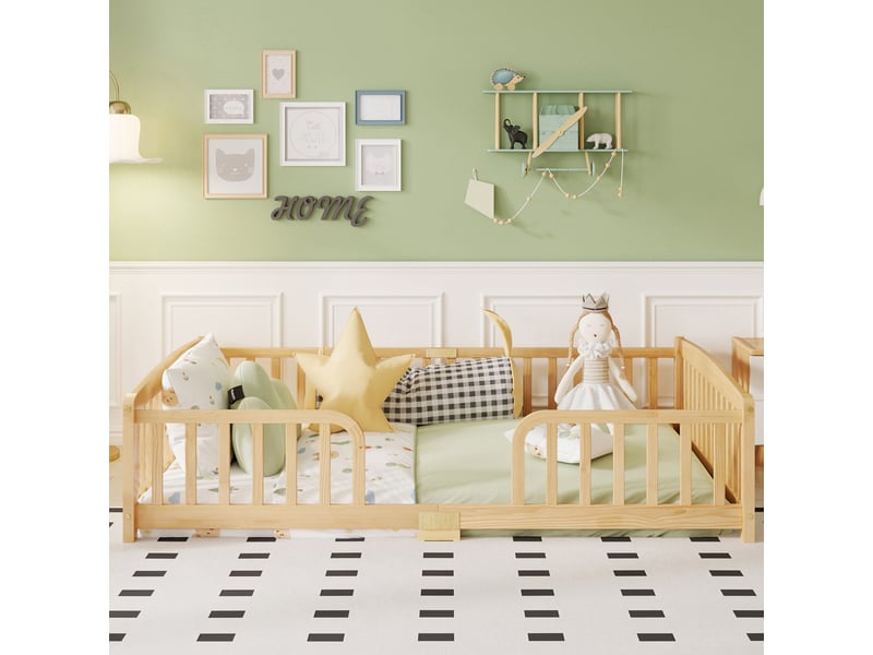  Lit au sol enfant 140x200 cm avec barrière de sécurité - bois de pin naturel accès central  - Conforama W