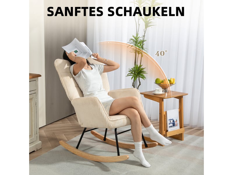  Fauteuil à bascule 98x71x101cm – rocking chair de salon avec dossier capitonnée et patins en bois massif – velours côtelé - beige  - Conforama D