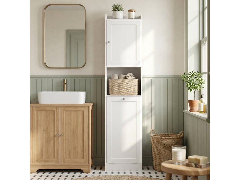  Armoire de salle de bain haute avec panier rabattable et étagères, 40 x 30 x 170 cm, blanche  - Conforama C
