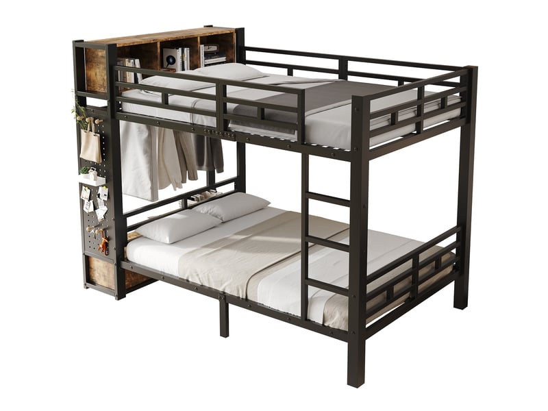  Lit superposé 120 x 200 cm noir et noyer foncé en métal avec rangement  - Conforama A