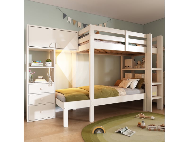  Lit superposé enfant décalé 90x200 cm avec rangements et veilleuse, blanc  - Conforama B
