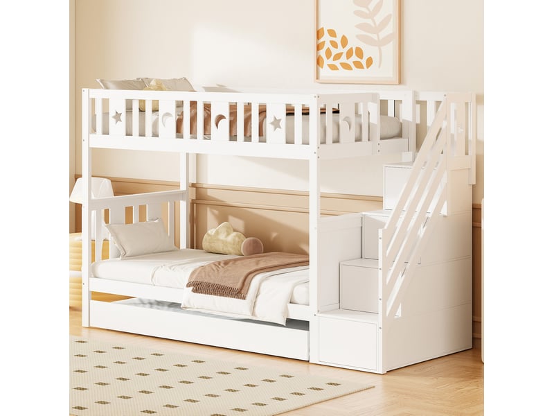  Lit superposé enfant 90x200 cm avec lit gigogne mdf et bois blanc sans matelas  - Conforama B
