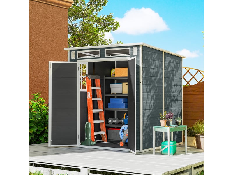  Abri de jardin en résine 3,3 m² avec plancher intégré, double porte, fenêtres, gris  - Conforama D