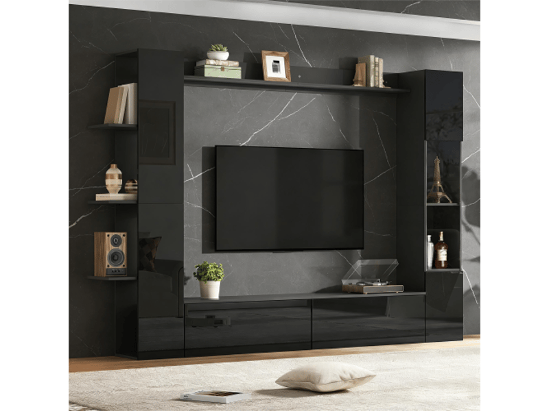 Ensemble de meuble tv mural noir 245x30x170 cm avec 2 portes abattantes, étagères et porte acrylique  - Conforama C
