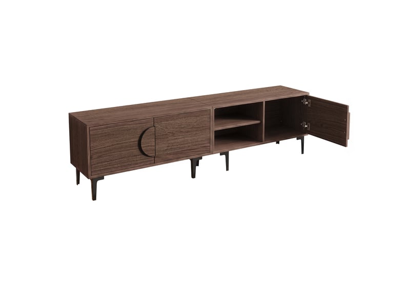  Meuble tv moderne effet noyer foncé 180x35x49 cm avec 2 portes et étagères ouvertes pour tv jusqu'à 80 pouces  - Conforama D
