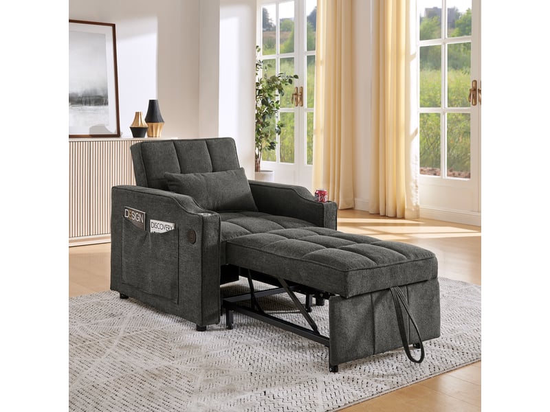  Fauteuil convertible 3 en 1 avec dossier 3 positions et usb  - porte-gobelet, tissu gris foncé 190 cm  - Conforama C