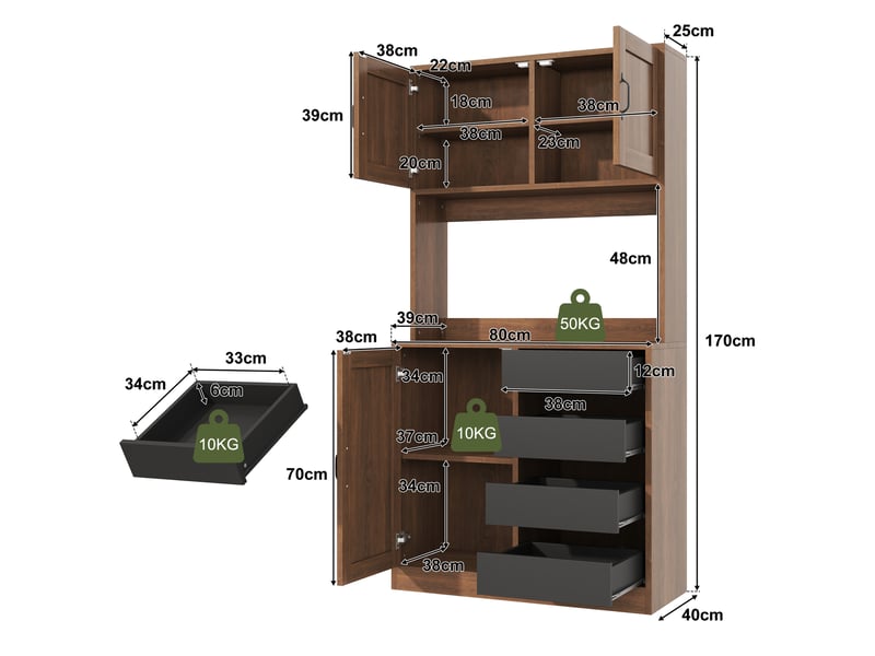  Armoire de cuisine haute 80x40x170cm, 4 tiroirs, placards fermés et étagères réglables, meuble garde-manger effet noyer et noir, pour cuisine  - Conforama D