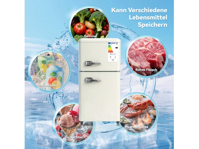 Réfrigérateur double porte 60 l crème, 7 réglages 0–10 °c, congélateur 4 étoiles, led et clayettes réglables, classe e - Conforama D