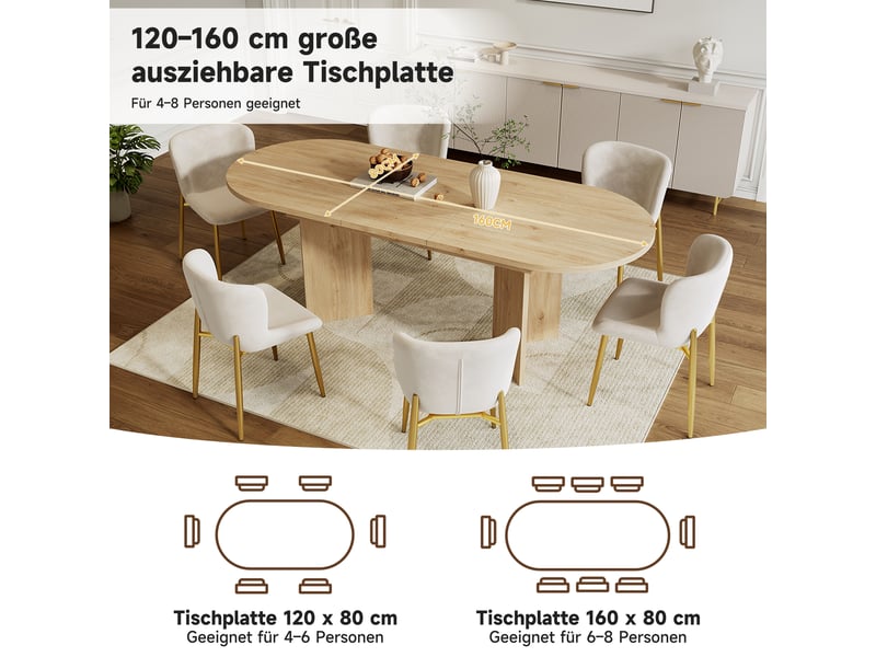  Table à manger extensible, chêne, 120160 × 80 cm, 4-6 personnes, coins arrondis, plateau épais  - Conforama E