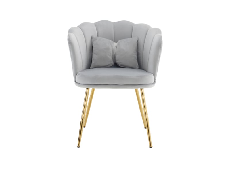  Lot de 6 chaises de salon, chaise rembourrée avec dossier en pétale, pieds en métal plaqué or et coussin papillon, gris, en velours  - Conforama B