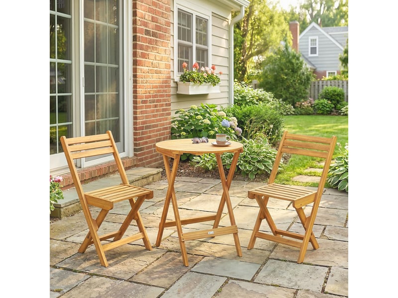 Ensemble de bistrot 3 pièces pliable en bois d'acacia avec table ronde et 2 chaises, san montage, 60x60x75cm, naturel - Conforama D