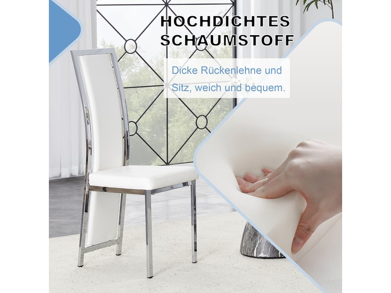  Chaises de salle à manger lot de 4 à dossier haut ergonomique  - cadre métal, pu blanc et argenté, 109 cm  - Conforama E