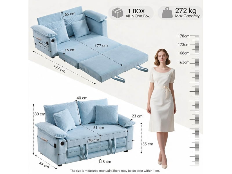  Canapé-lit convertible 3-en-1 2 places 135x66 cm bleu  - Conforama E