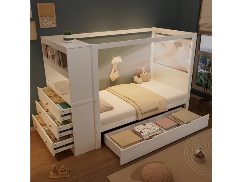  Lit simple enfant 90x200 cm – blanc et naturel – 5 tiroirs, module latéral et bac coulissant - sans matelas  - Conforama B