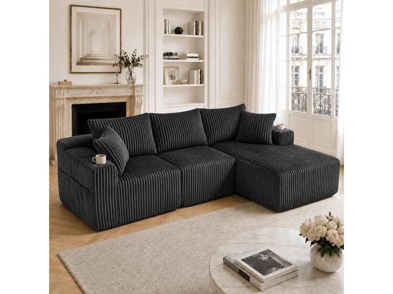  Canapé modulable 257 x 90-160 x 62 cm, méridienne, module 2 places, 5 coussins, porte-gobelets, poches latérales, velours côtelé, gris Seren Glow - Conforama B