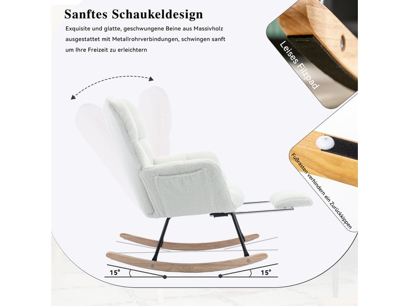  Chaise berçante avec repose-pieds escamotable en tissu teddy blanc  - Conforama E