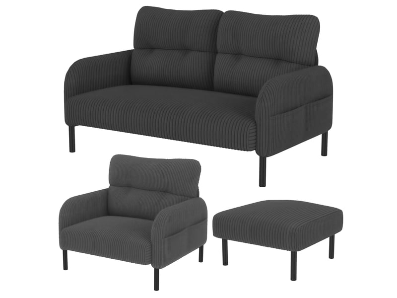 Ensemble canapé fauteuil pouf 2 places velours côtelé gris poche latérale structure acier modulaire - Conforama B