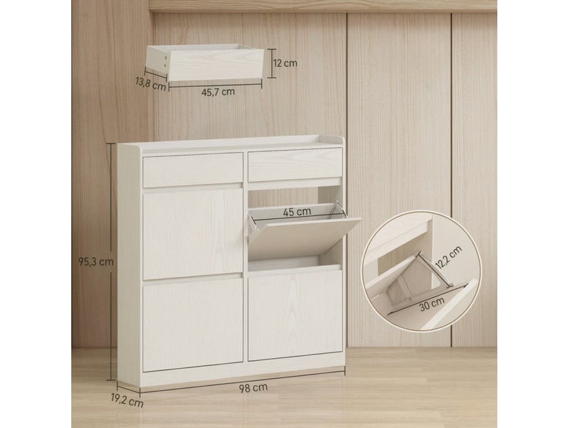  Meuble à chaussures 4 abattants et 2 rangements coulissants, compact pour entrée, blanc, 98 × 19,2 × 95,3 cm  - Conforama D