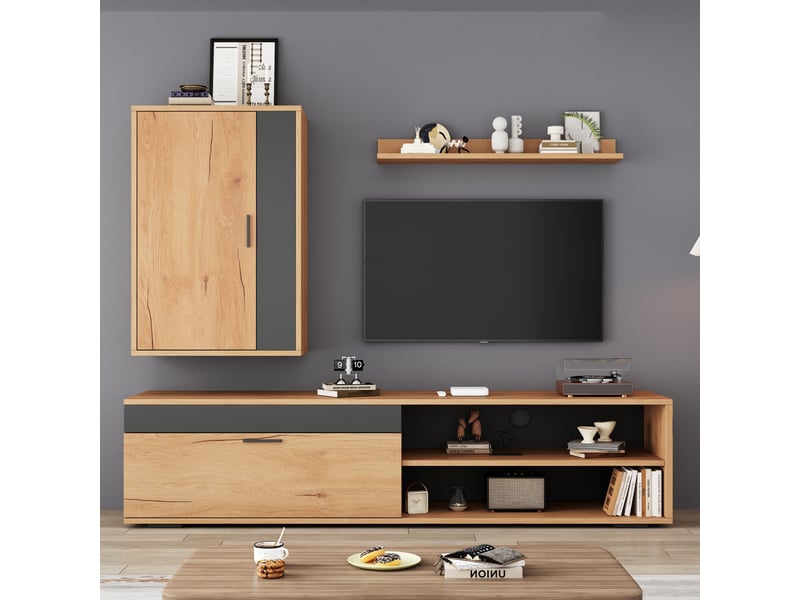  Ensemble meuble tv mural 3 pièces 140 cm bois et noir moderne avec rangements  - Conforama C