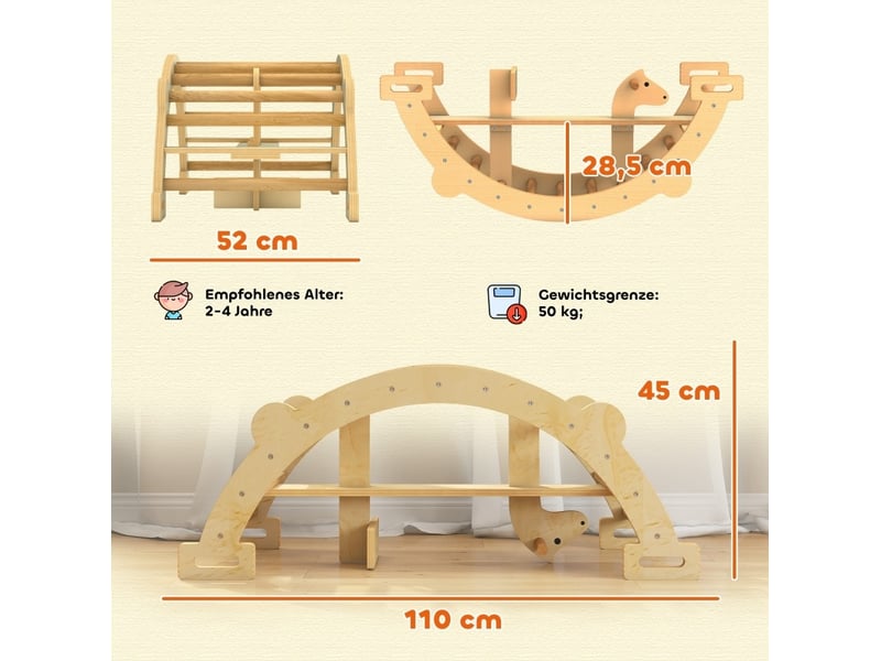  Arche d'escalade montessori 110 x 52 x 45 cm en bois naturel, bascule de grimpe et balancement 2 en 1  - Conforama C