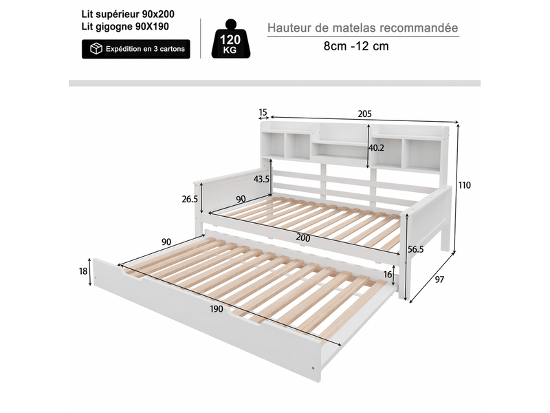  Canapé convertible avec lit gigogne et rangements dans le dossier, sommier à lattes, bois blanc  - Conforama D