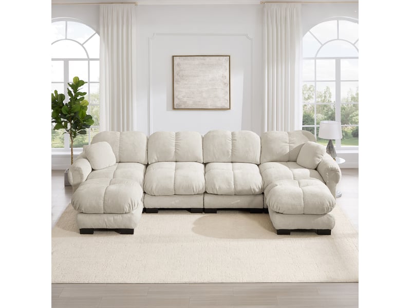  Canapé u 4 places modulaire en chenille - avec 2 ottomans mobiles, design élégant, hellkhaki  - Conforama B