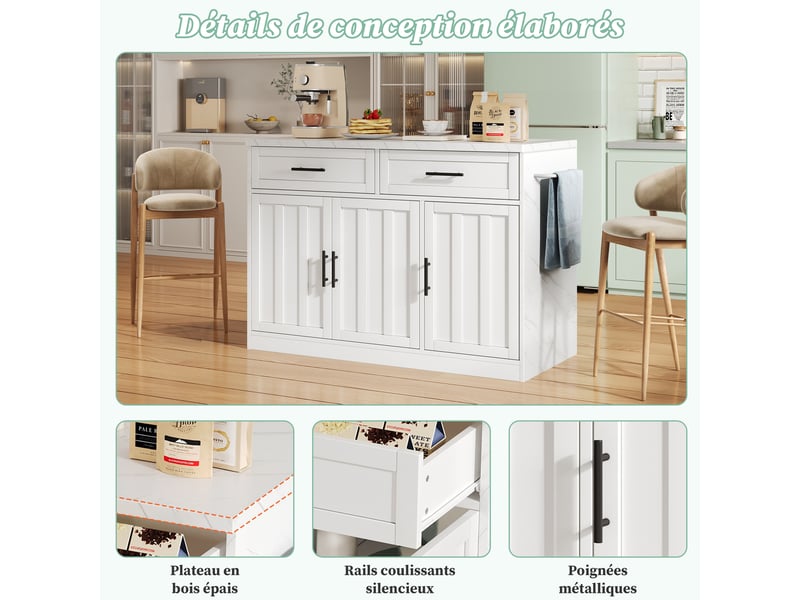 Îlot de cuisine 120x60x91 cm avec bar arrière, prises et usb, 2 tiroirs et 3 portes, plateau effet marbre en mdf, blanc - Conforama R