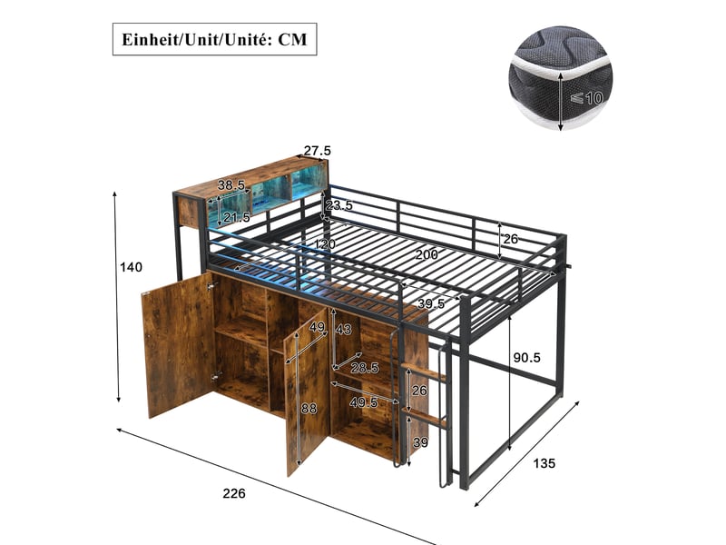  Lit mezzanine 120x200 cm avec rangement, led et prise, métal noir + décor bois, sans matelas  - Conforama C