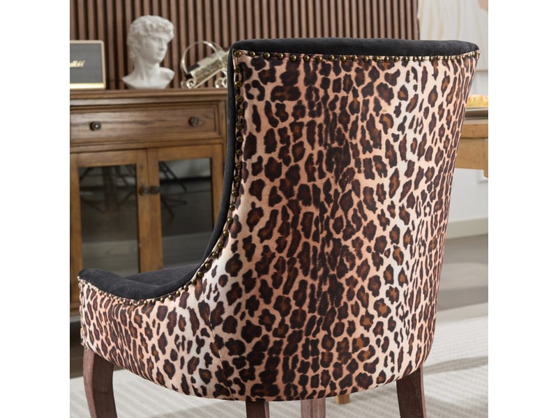 Lot de 2 chaises de salle à manger imprimé léopard, tissu épais, pieds bois massif, clous bronze - Conforama D