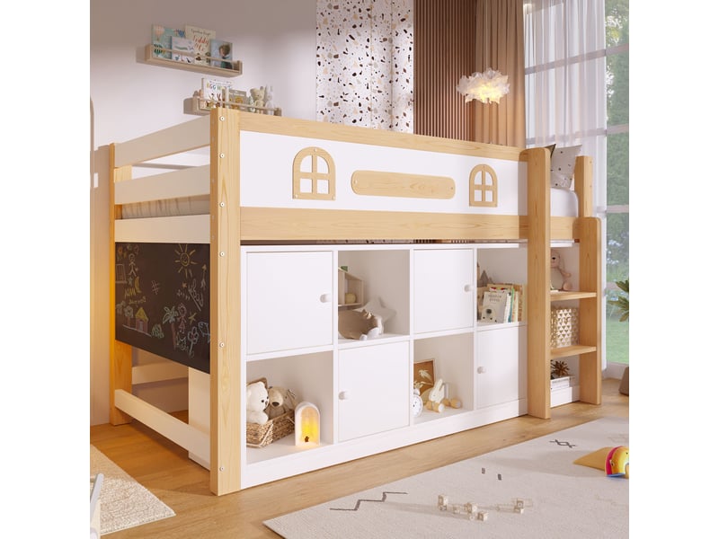  Lit enfant mi-hauteur 90x200 cm avec tableau à craie réversible, rangements, échelle, sommier à lattes, pin et mdf, blanc et naturel  - Conforama B