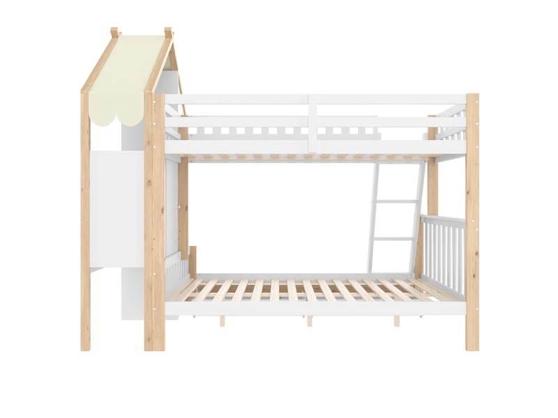  Lit superposé blanc et bois 90x200 + 140x200 cm, échelle, barrières et tiroirs de rangement  - Conforama D