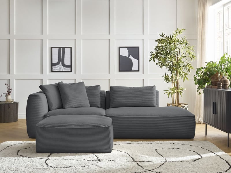 Bobochic canapé droit fixe 3 places leopold velours côtelé avec pouf gris foncé accoudoir gauche LEOPOLD - Conforama C