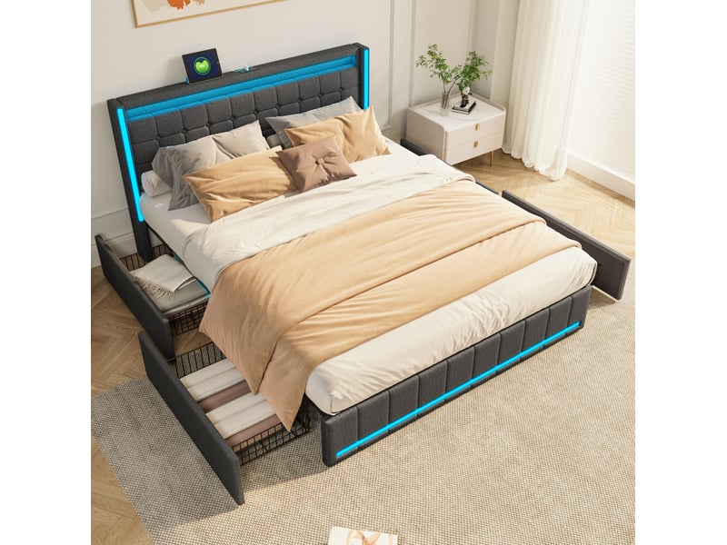  Lit double avec rangement 140x200 cm, usb, 4 tiroirs, éclairage led, tissu aspect lin, bois et mdf, gris foncé, sans matelas  - Conforama B