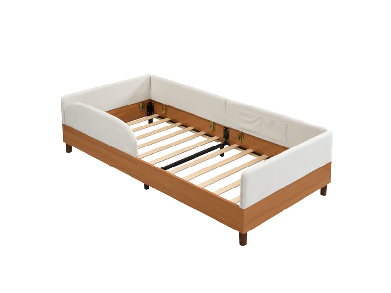  Lit enfant 90x200 cm velours blanc – rangements intégrés, structure renforcée, bord capitonné, sommier inclus  - Conforama D