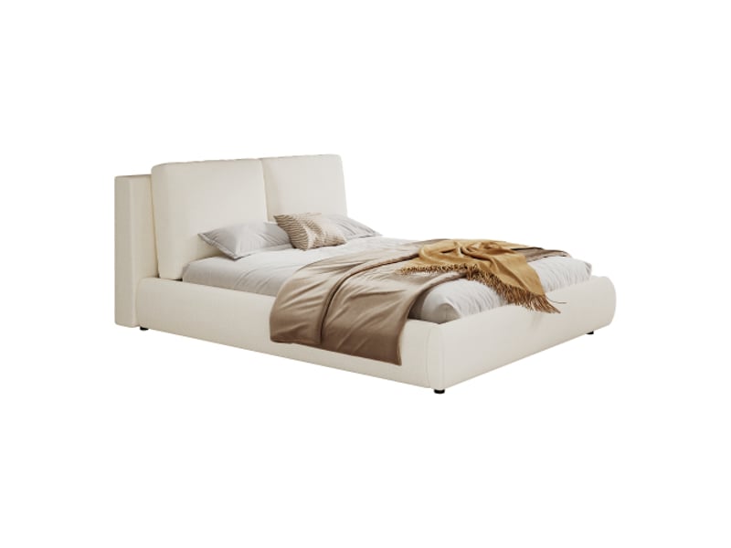 Lit coffre hydraulique 180x200 cm avec sommier à lattes grand rangement tête de lit rembourrée 12 cm bouclé beige - Conforama A