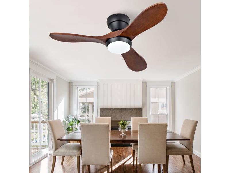 Ventilateur de plafond 90 cm noir et noyer foncé avec led et télécommande - Conforama D