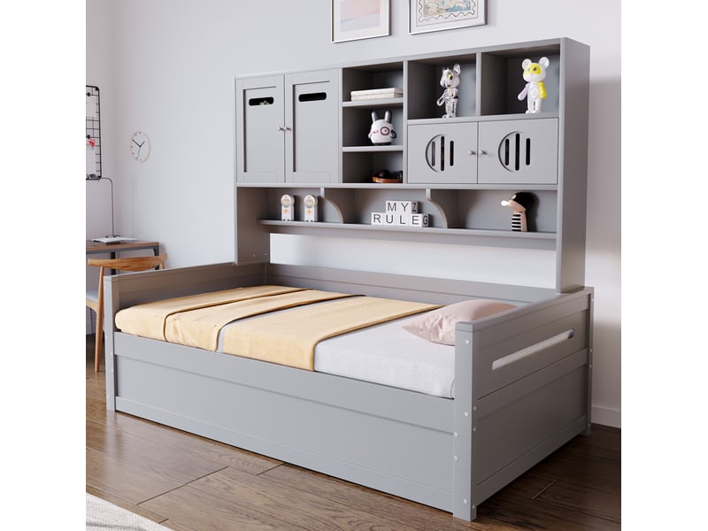  Modenvie lit banquette coffre 90x200 cm - rangement hydraulique, étagères intégrées - sans matelas, gris  - Conforama E