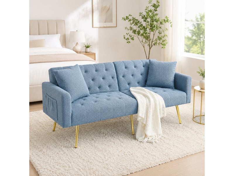  Canapé convertible 2 places avec dossier réglable  - 3 positions, 2 coussins, pieds en métal, tissu teddy bleu  - Conforama C