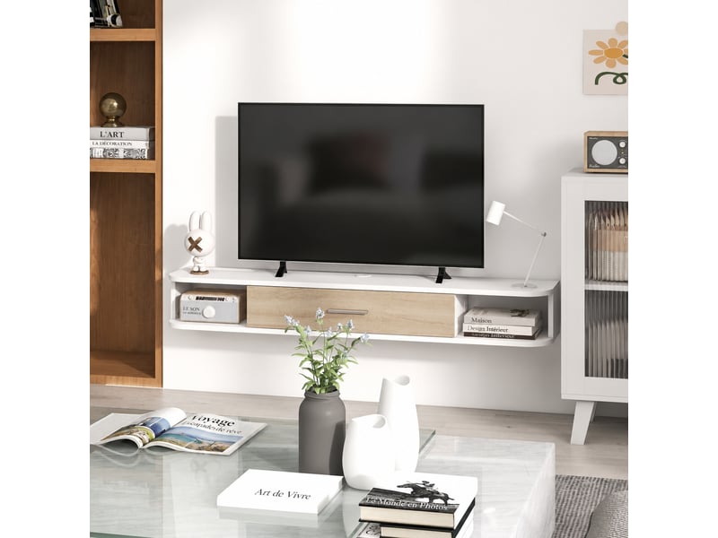  Meuble tv suspendu mural pour écran jusqu'à 50 pouces, blanc et effet chêne, 120 x 26 x 16 cm  - Conforama B