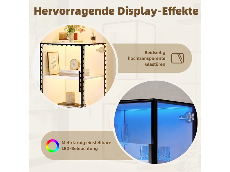  Vitrine avec étagère coulissante, 70x38x160 cm, armoire multifonction avec porte en verre et éclairage led, blanc  - Conforama D
