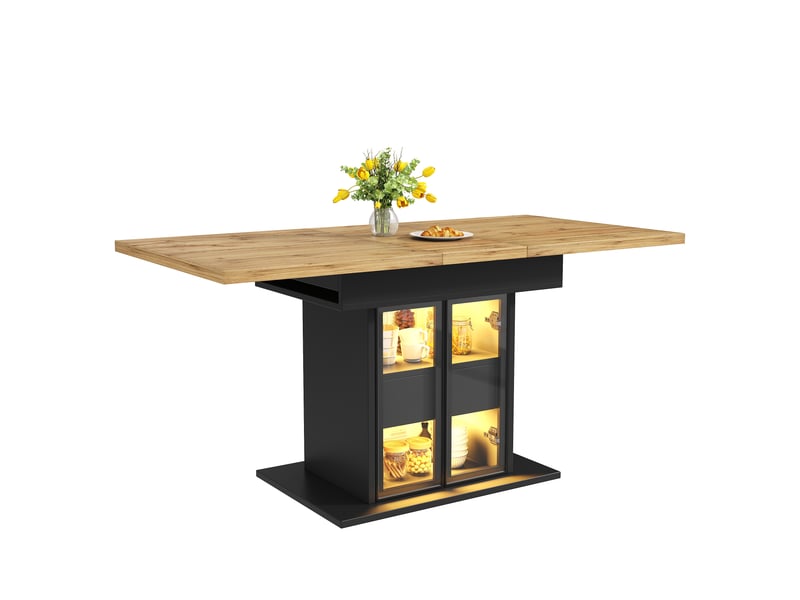  Table à manger extensible led 110-140 cm, 2 tiroirs, portes vitrées coulissantes, rangement intégré, noir et naturel Sol Morn - Conforama A
