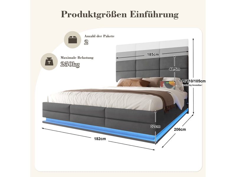  Lit coffre 180 x 200 cm en velours gris foncé avec led, usbtype-c et tête de lit réglable  - Conforama E